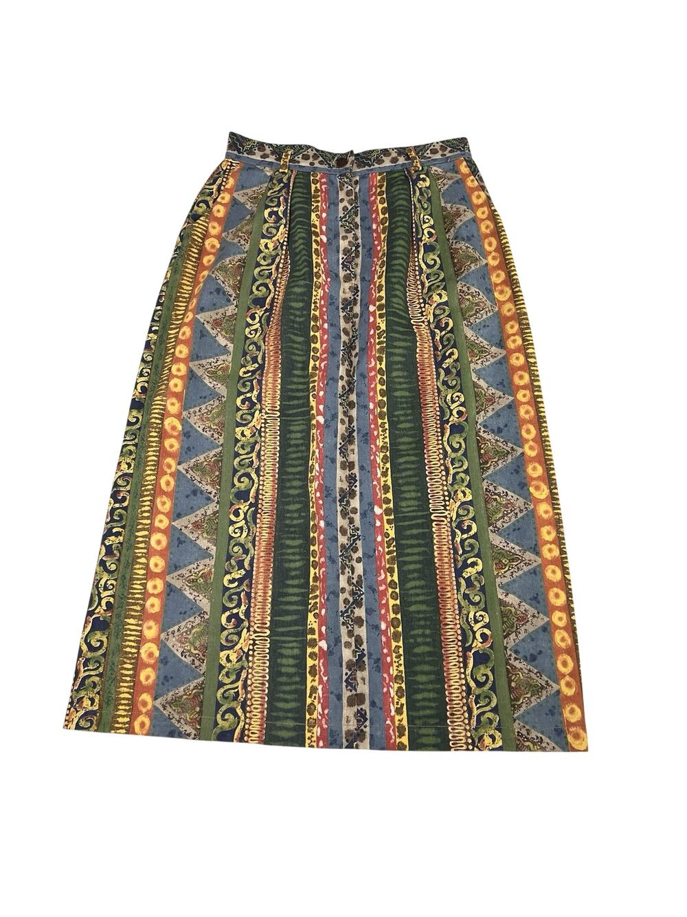 Willowbend Denim Skirt Size 14 Multicolor Aztec Midi Vintage VTG 90s Made in USA